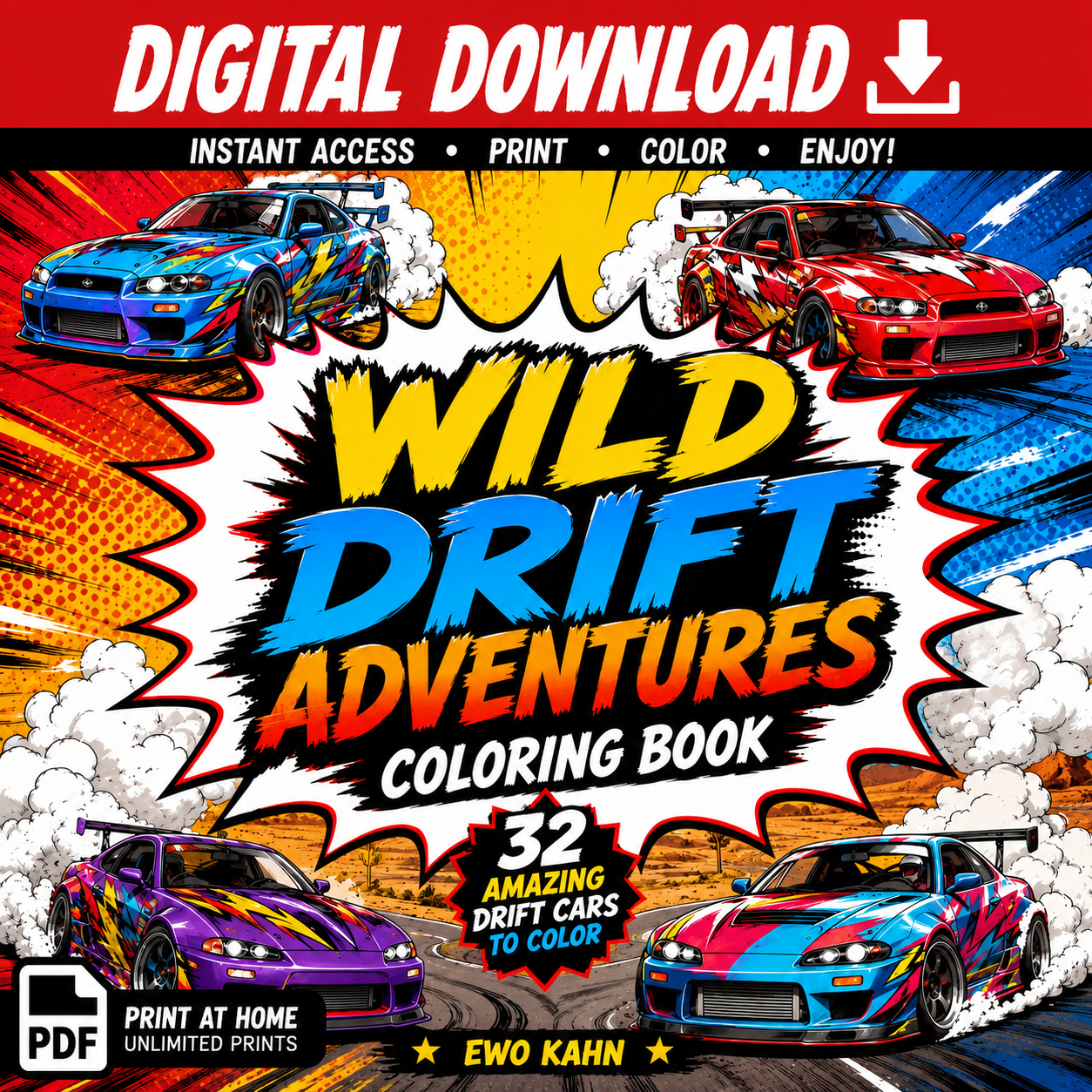 Wild Drift Adventures – 32 Drift Cars Coloring Book | Digital Download PDF