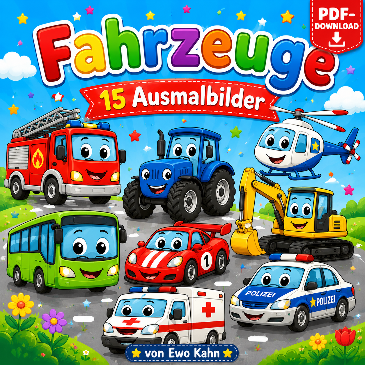 Fahrzeuge – Mein erstes Ausmalbuch (PDF-Download) - 15 große und einfache Fahrzeuge zum Ausmalen für Kinder ab 3 Jahren