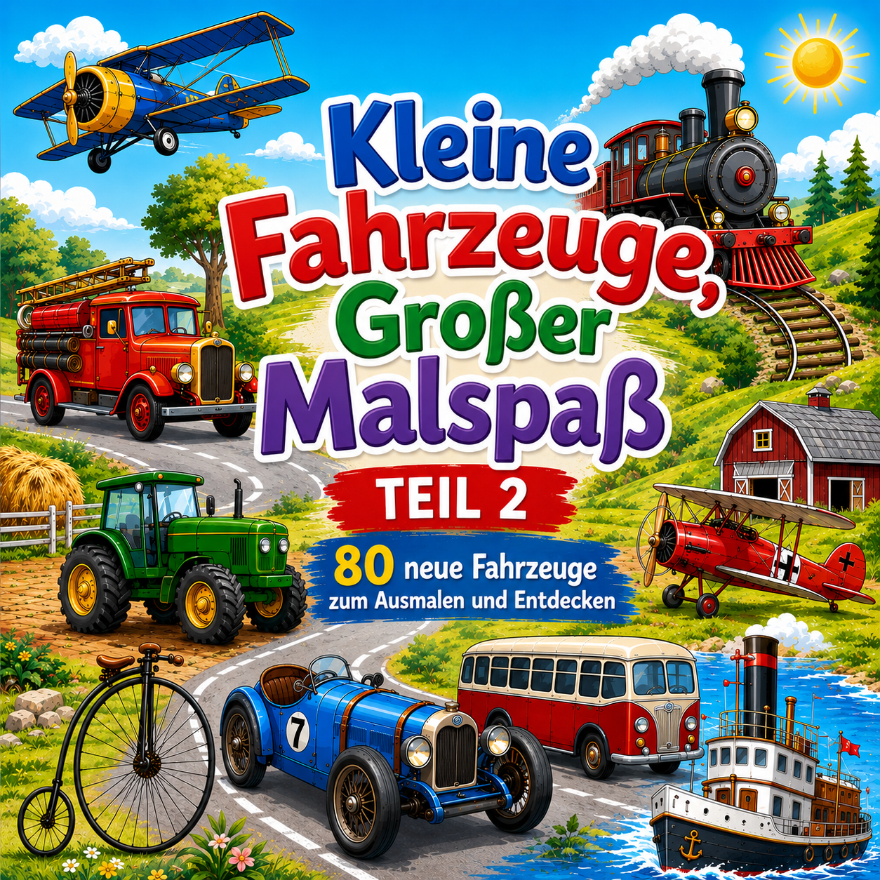 Kleine Fahrzeuge – Großer Malspaß – Teil 2 -80 neue Fahrzeuge zum Ausmalen – Oldtimer, Traktoren, Züge, Flugzeuge, Schiffe und viele weitere Klassiker | Für Kinder von 7 bis 10 Jahren
