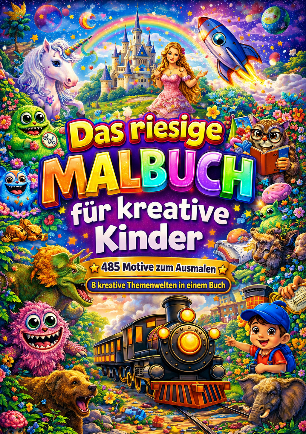 Das riesige Malbuch für kreative Kinder -485 Motive zum Ausmalen aus Monsterwelt, Märchenwelt, Tierwelt, Dino-Welt, Weltraum, Pop-Up-Art, Städtewelt und Zugwelt
