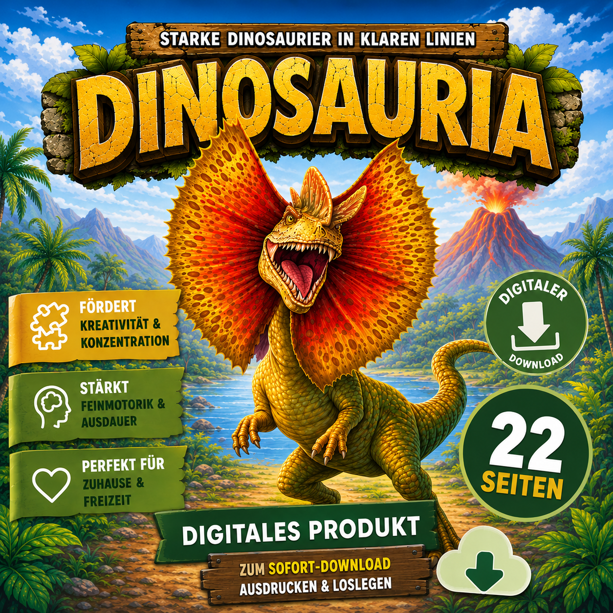 Dinosauria – Starke Dinosaurier in klaren Linien | Digitales Ausmalbuch (PDF) | 22 Seiten | Sofort-Download