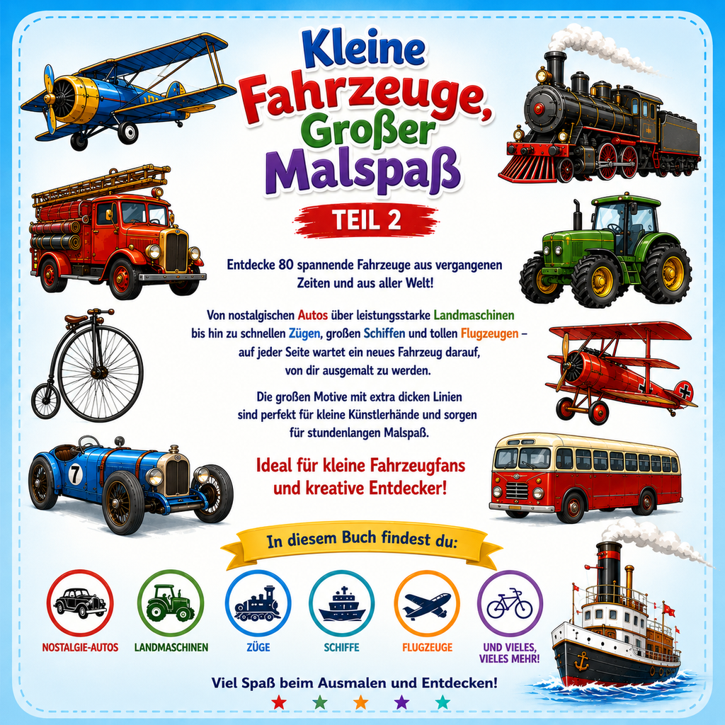 Kleine Fahrzeuge – Großer Malspaß – Teil 2 -80 neue Fahrzeuge zum Ausmalen – Oldtimer, Traktoren, Züge, Flugzeuge, Schiffe und viele weitere Klassiker | Für Kinder von 7 bis 10 Jahren